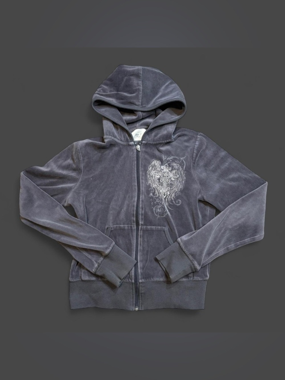 Green T Grey zip up hoodie with angel wings and cross design girls Large #grunge
